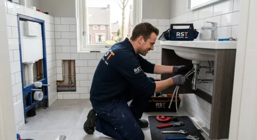 Een vakkundige loodgieter Epe van het bedrijf RST installeert het afvoer- en leidingwerk onder een badkamermeubel.