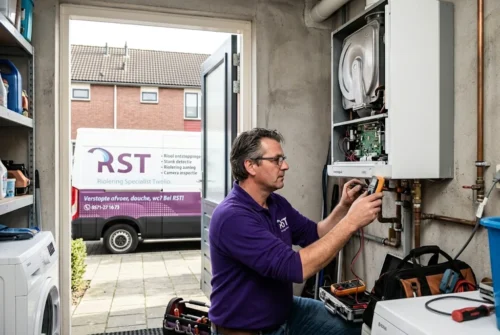 Vakman van loodgieter Zutphen RST voert onderhoud uit aan een cv-ketel, met de servicebus op straat.